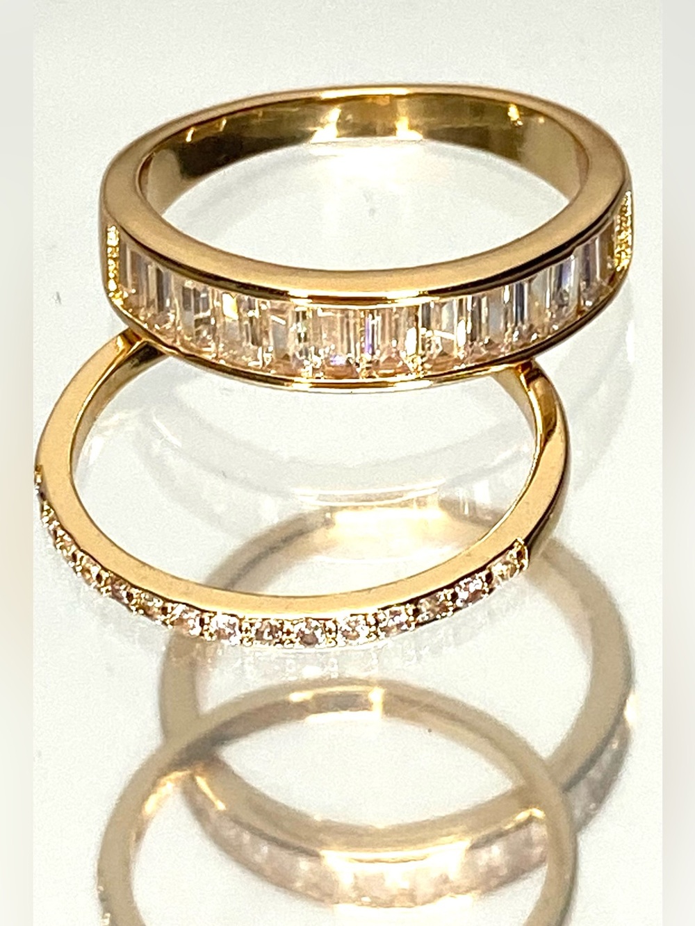 Gold Crystal Baguette and Pavé Stackable Rings w light box